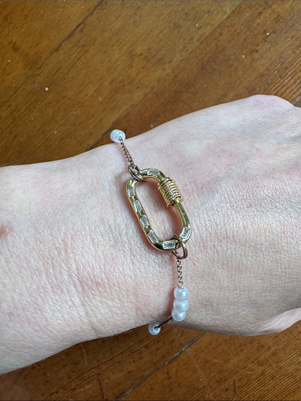 Hand-Crafted Gold Pearl Accent Carabiner Bracelet